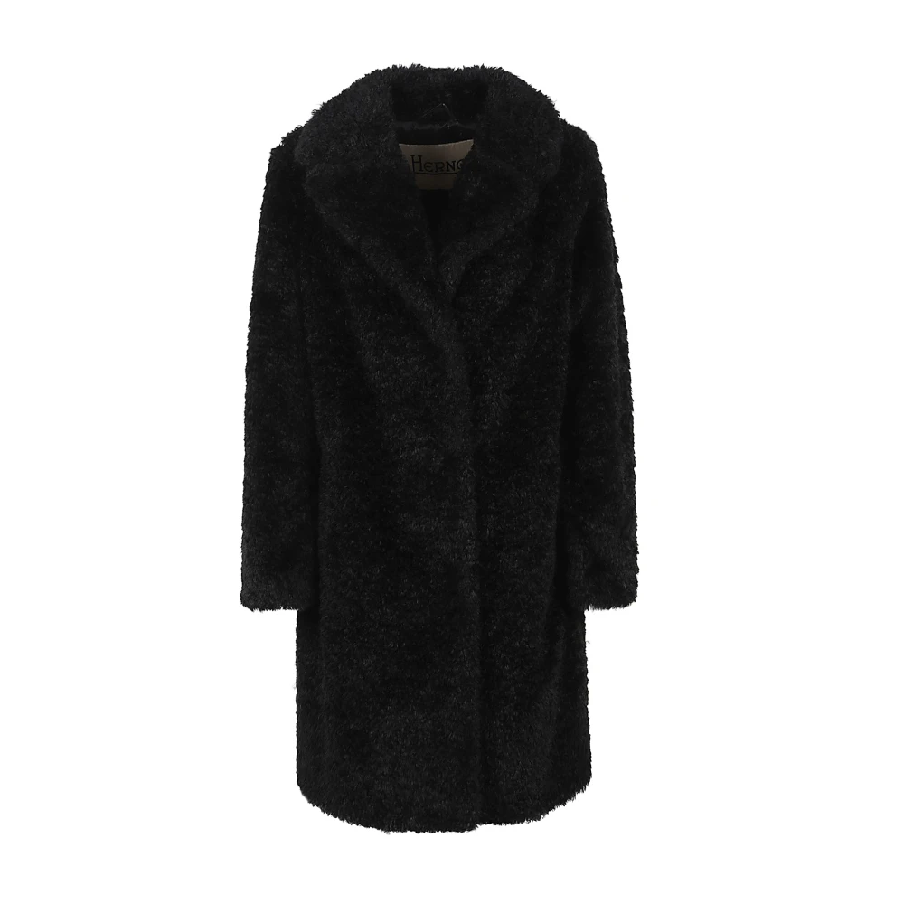 Herno Vrouw Zwart Jassen Dames, L, Polyester, Lange Jas Van Imitatiebont