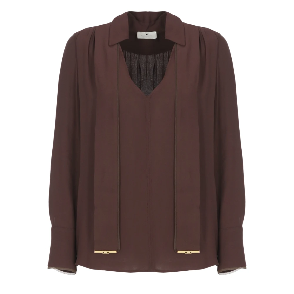 Elisabetta Franchi Brown Blouses, Female, Xs, Viscose Georgette Blouse With Sash Belt
