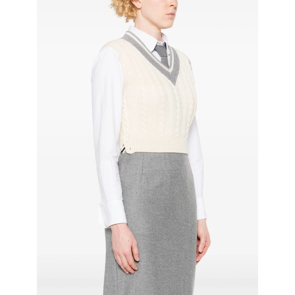 Thom Browne Luxe Kabelsteek V-Hals Trui White Dames