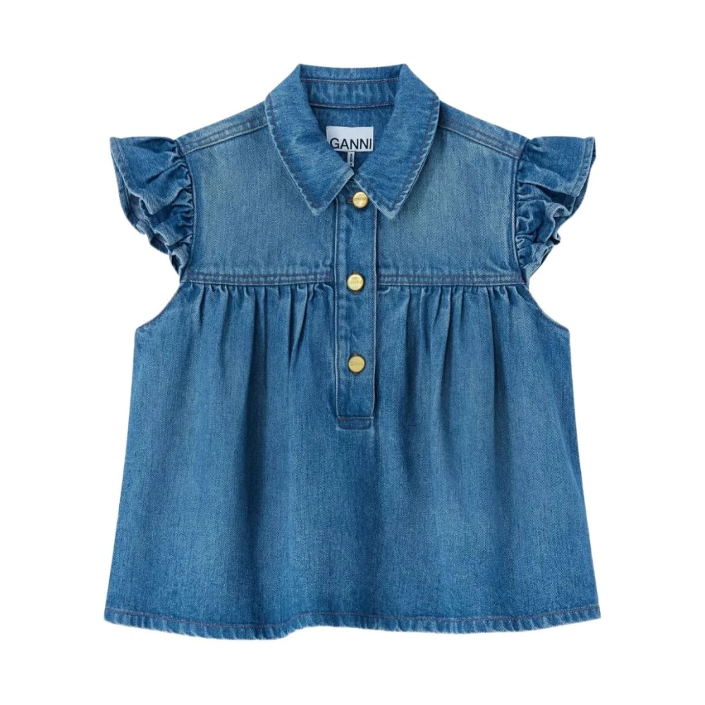 Ganni Women's Blue Blouses, S, Denim Ruffle Top