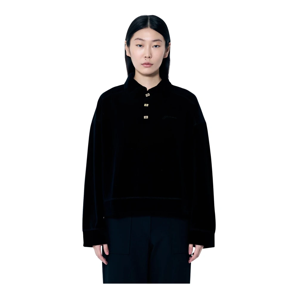 Ganni Velours Drop-Shoulder Poloshirt Black Dames