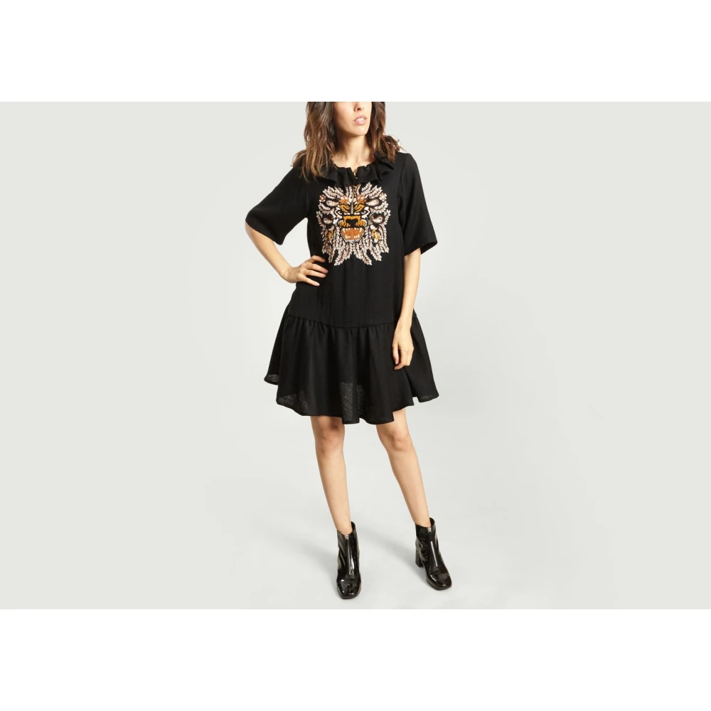 Manoush Zwarte Wol Ruffle Jurk Simba Black Dames