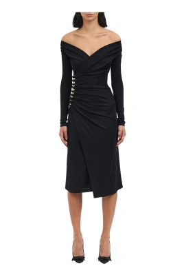 Off-the-Shoulder Wrap Midi Klänning med Gulddetaljer