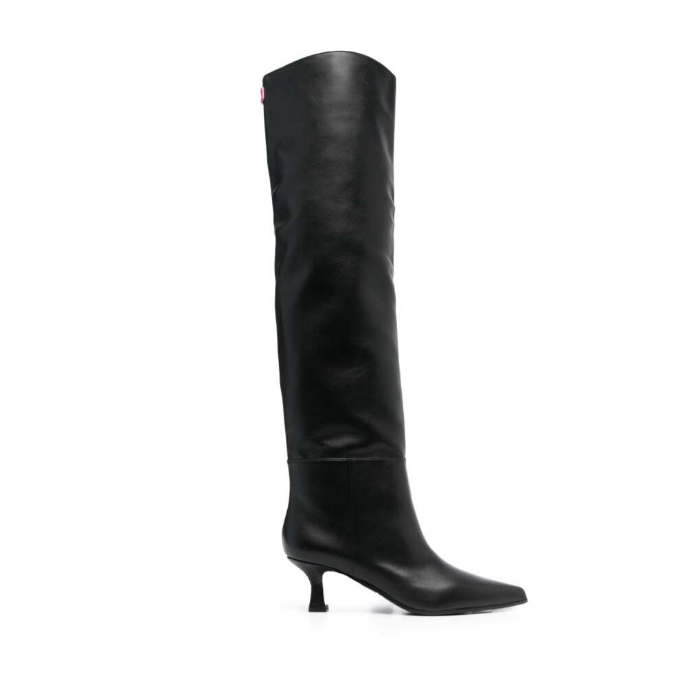 Black Leather Knee High Boots with Logo Patch 3JUIN Over the