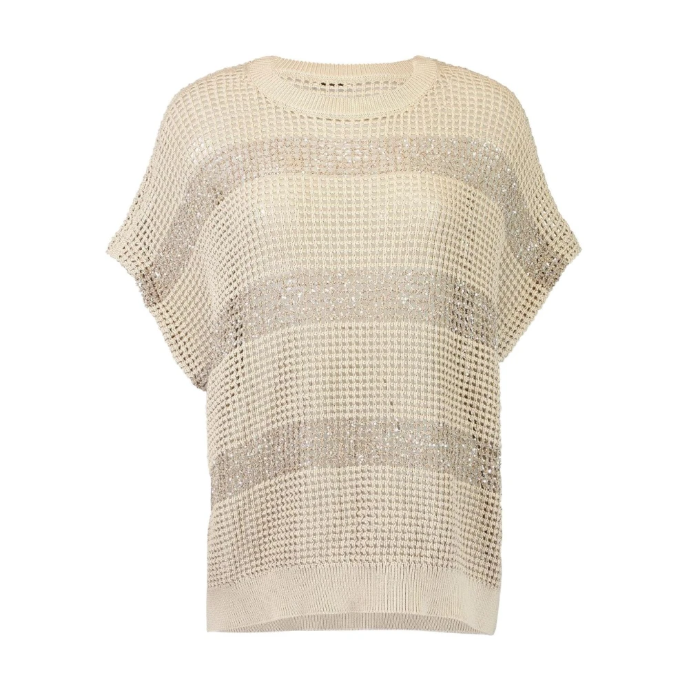 Brunello Cucinelli Vrouw Beige Truien & Vesten Dames, M, Katoen, Korte Mouw Gestreept Breisel