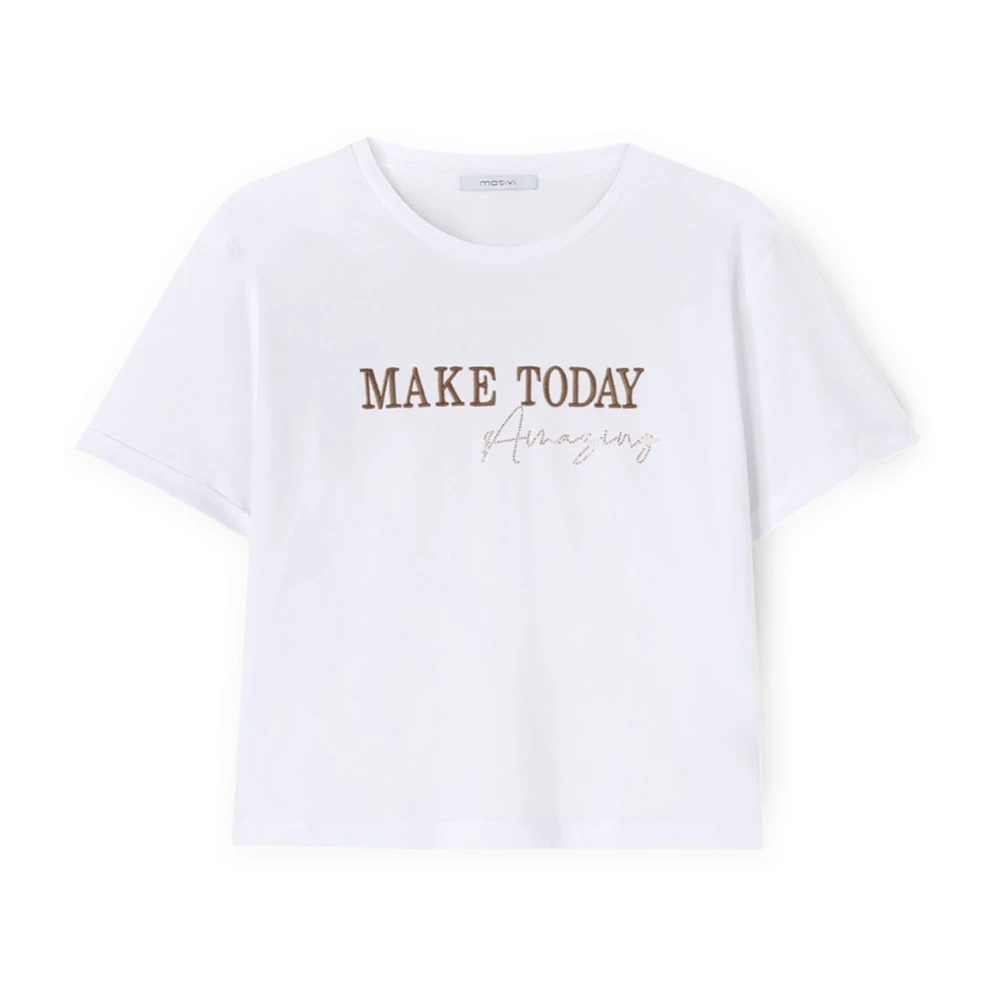 Motivi Vit Boxy T-Shirt Med Broderad Text