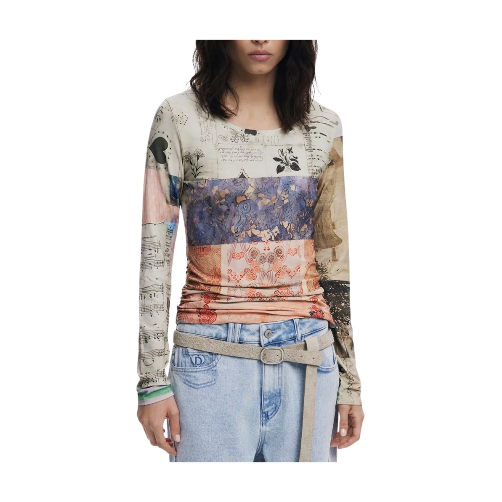 Desigual Women's Multicolor Patterned Long-Sleeved Beige Top - Long Sleeve T-Shirts - Xs - Tops