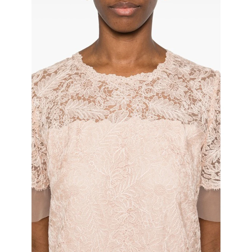 Ermanno Scervino Beige Kant Midi Jurk Korte Mouwen Beige Dames