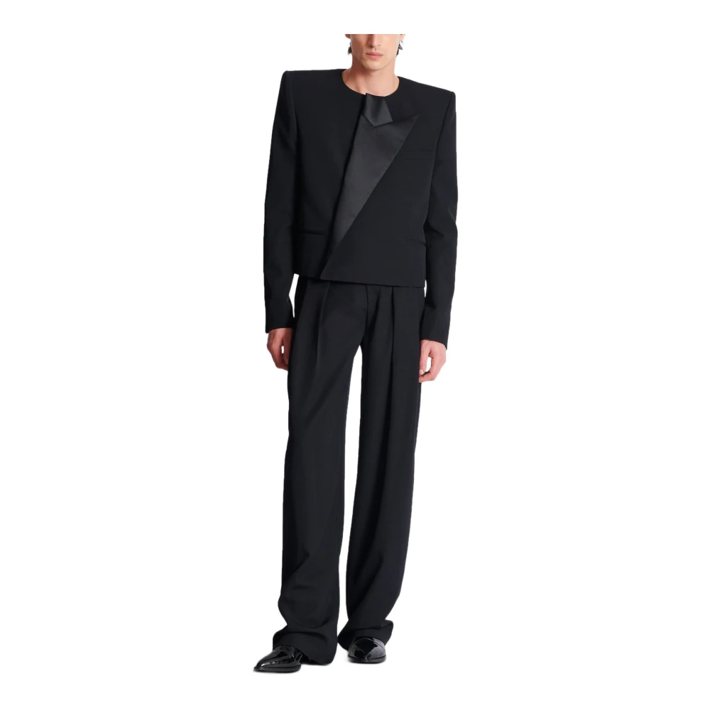 Balmain Geknipte grain de poudre jas met asymmetrische kraag Black Heren