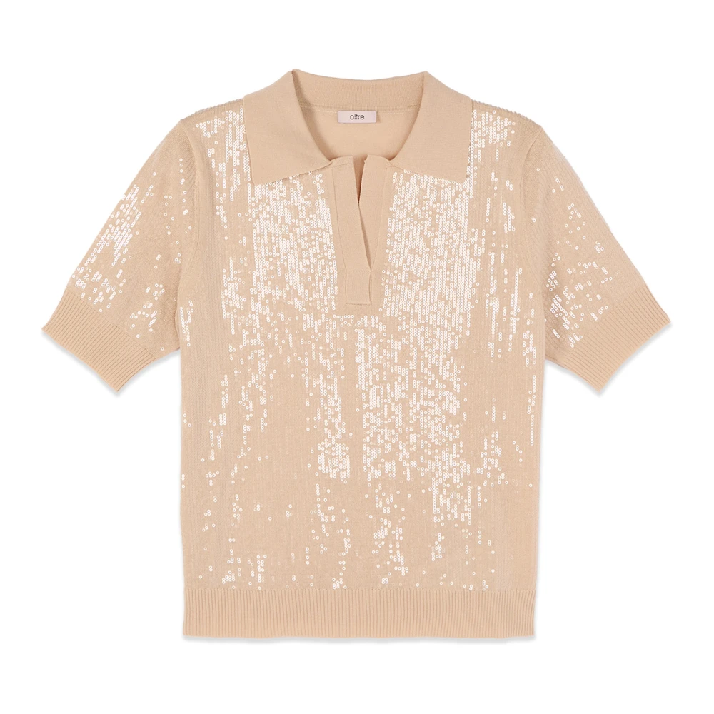 Oltre Vrouw Beige Truien & Vesten Dames, Xl, Pailletten, Fijngebreide Poloshirt Met Pailletten