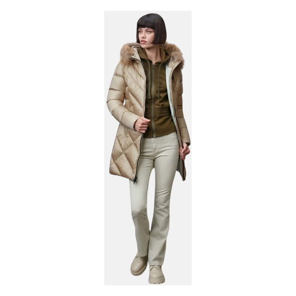 Blauer Geometrisch Gewatteerd Lang Donsjack Beige Dames