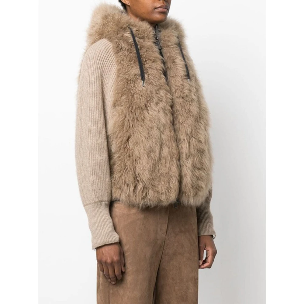 BRUNELLO CUCINELLI Shearling Cashmere Jas met Monile Borduurwerk Brown Dames