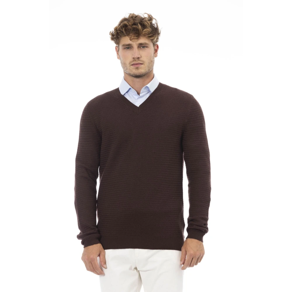 Alpha Studio Elegant Merino Wool V-Neck Sweater Brown Heren