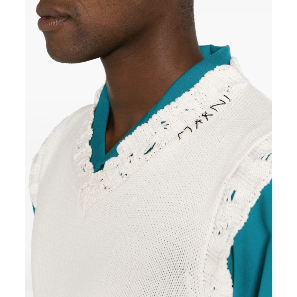 Marni Witte V-Hals Trui met Scheurdetails White Heren