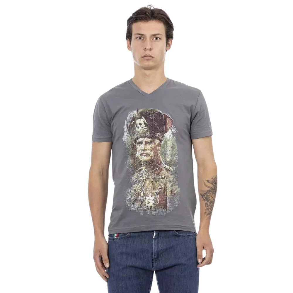 Trussardi Elegant V-hals T-shirt met Frontprint Gray Heren