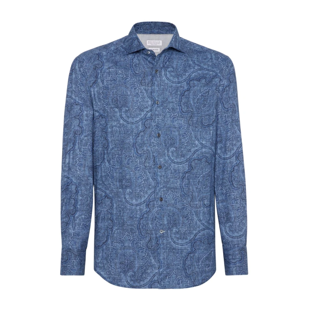 BRUNELLO CUCINELLI Gedrukt Katoenen Overhemd Lichtblauw Heren Blue Heren