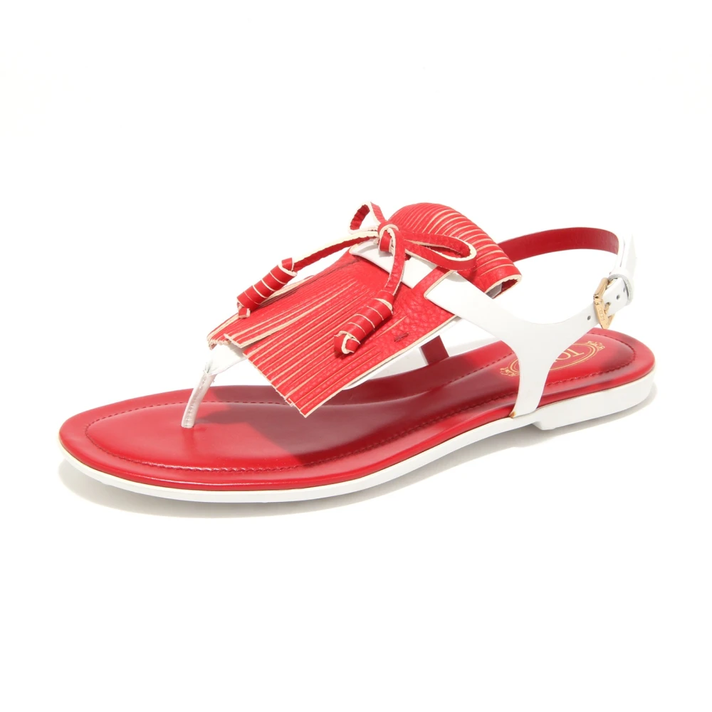 Tod's Women's Red Fringe Rubber Flip-Flops Made In Italy
