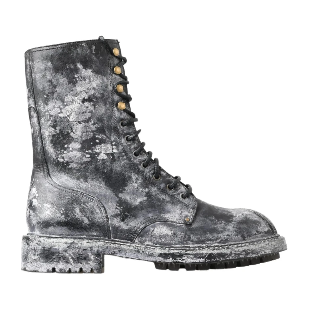 Dolce & Gabbana Gray Chic Black Lace-Up Boots Grey-White - Male - Lace-Up Boots - 6 Uk - Shoes