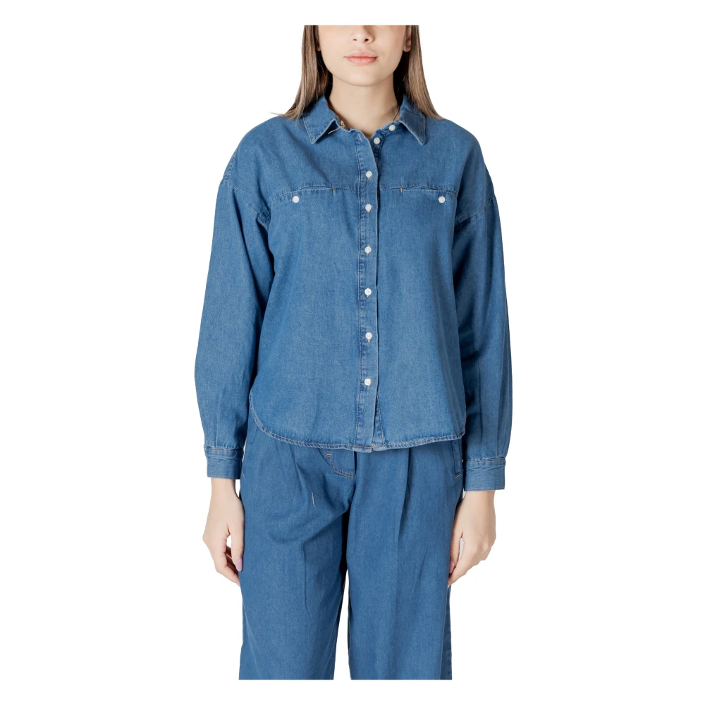 Ichi Blauw Katoenen Knoopshirt met Zakken Blue Dames