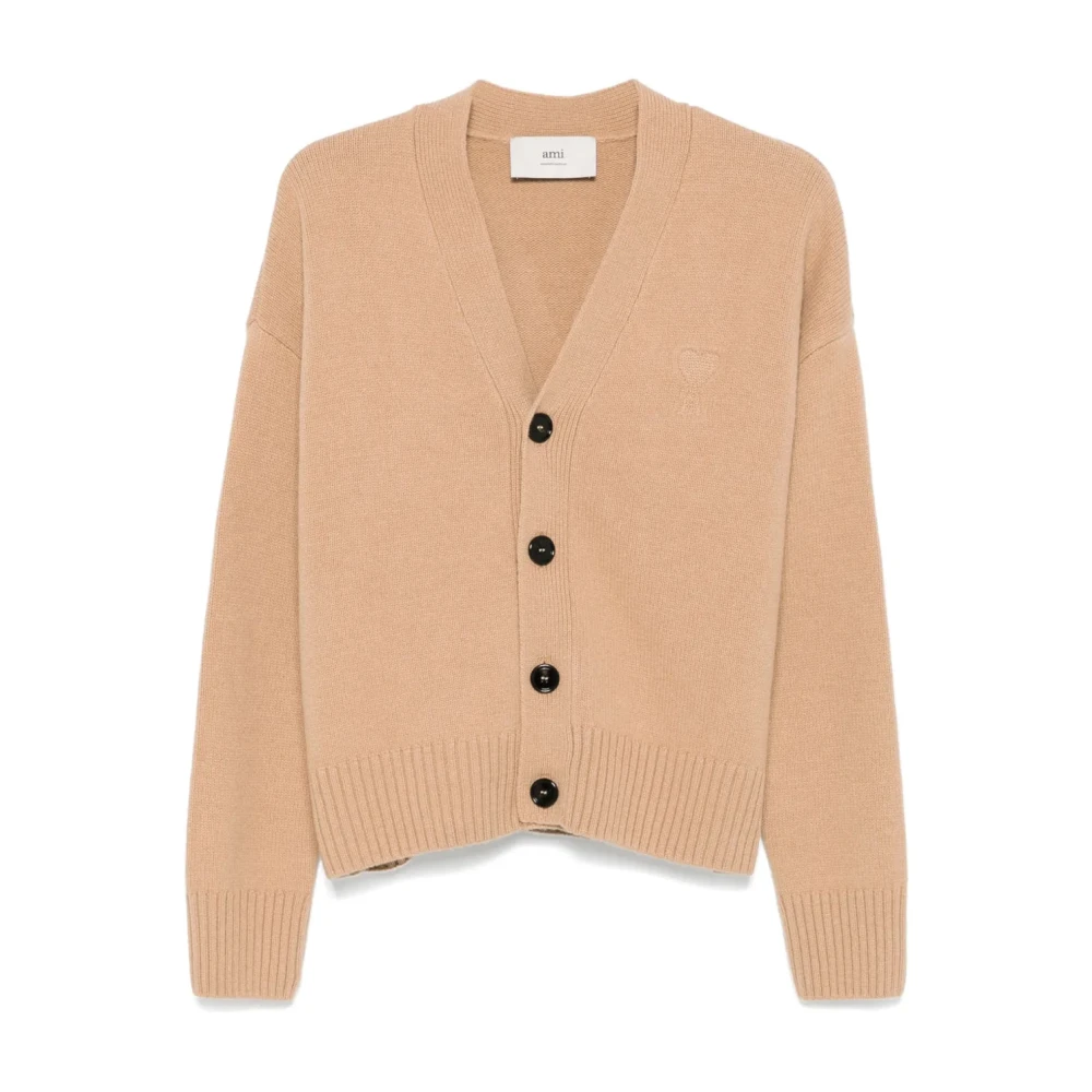 Ami Paris Kvinno Beige Stickade Tröjor Dam, M, Kashmir, Ull Kashmir Casual Cardigan