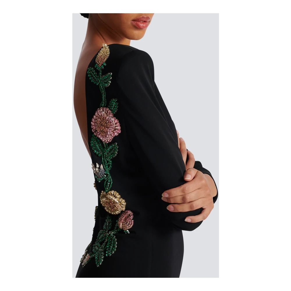 Balmain Lange rugloze jurk met rozenborduursel Black Dames