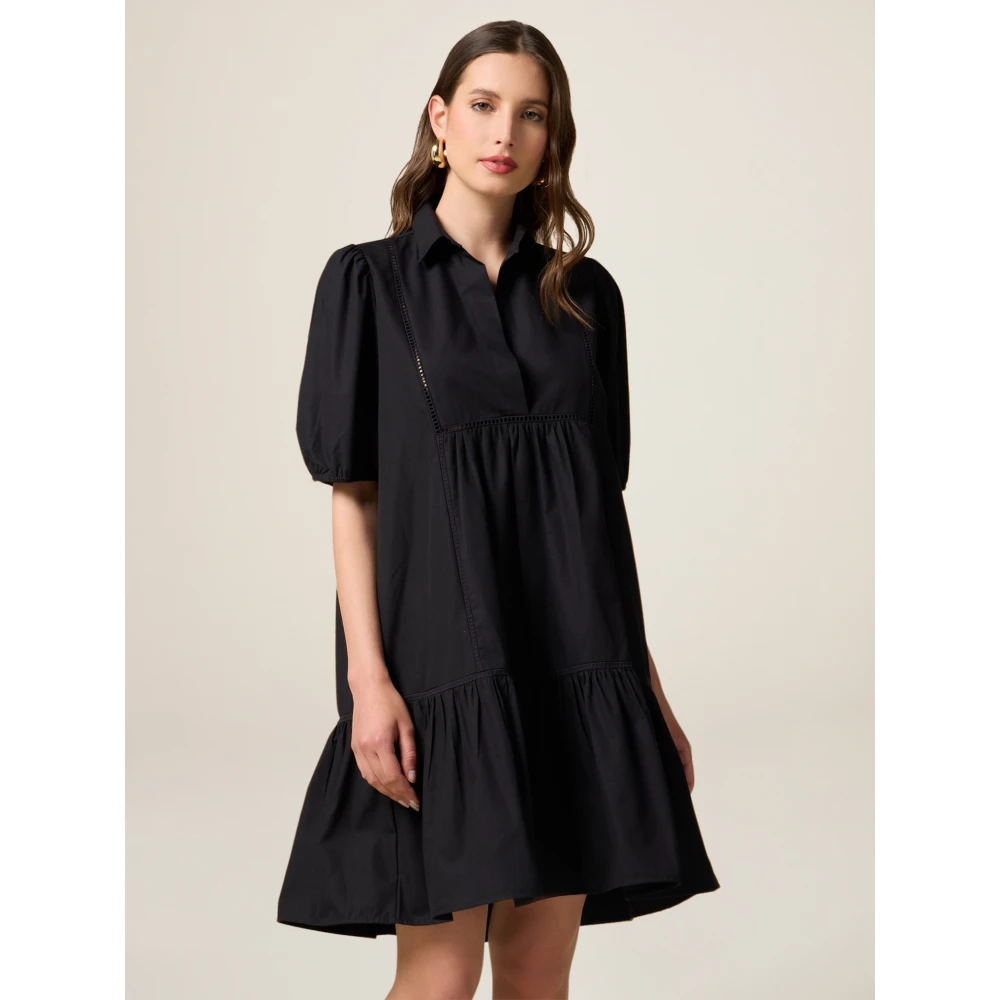 Oltre Korte Katoenen Jurk met Ajour Detail Black Dames