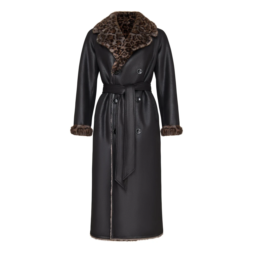 Cesare Gaspari Omkeerbare Faux Animal Print Shearling Lange Jas Black Dames