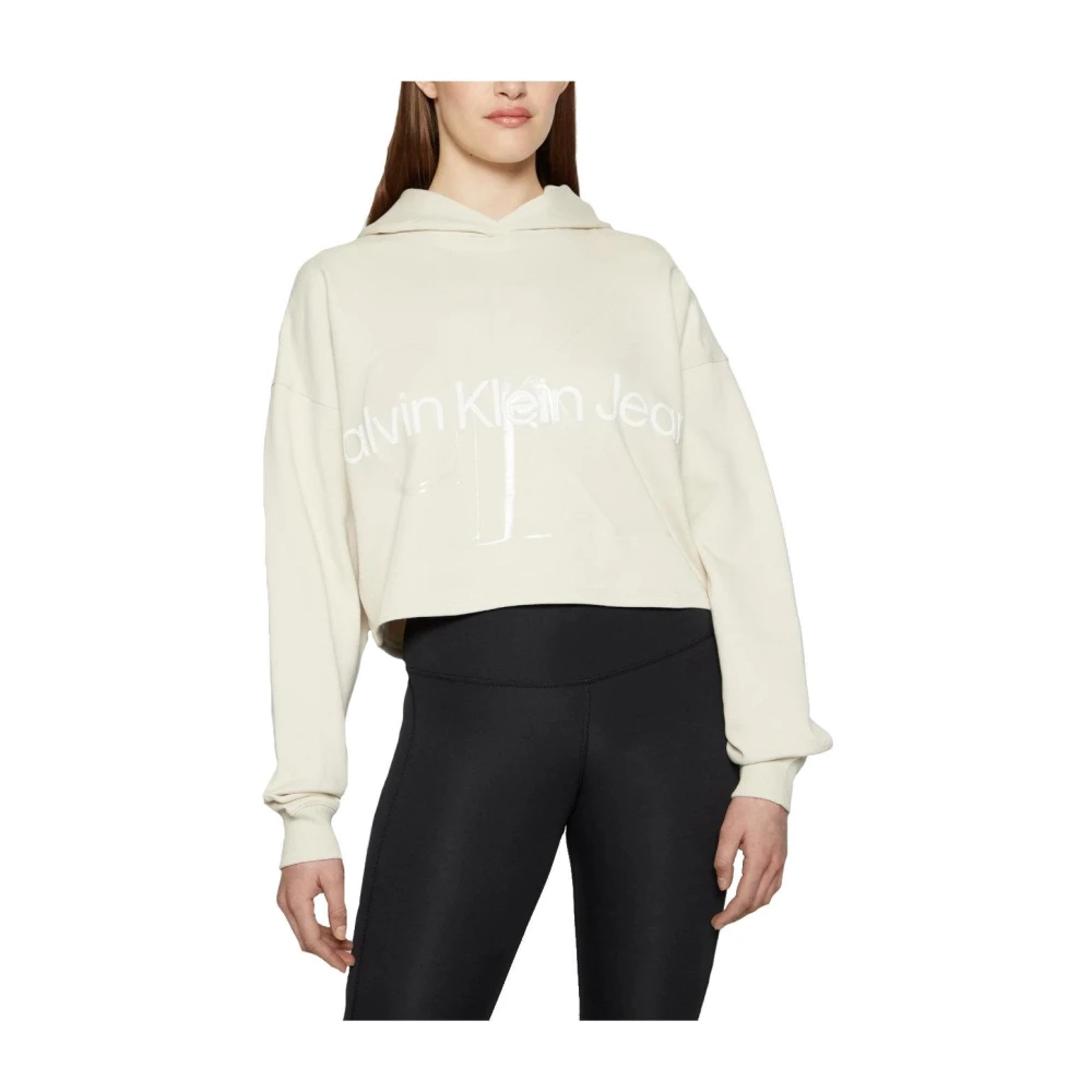 Calvin Klein Skinande Monogram Oversize Cropped Hoodie Beige, Dam