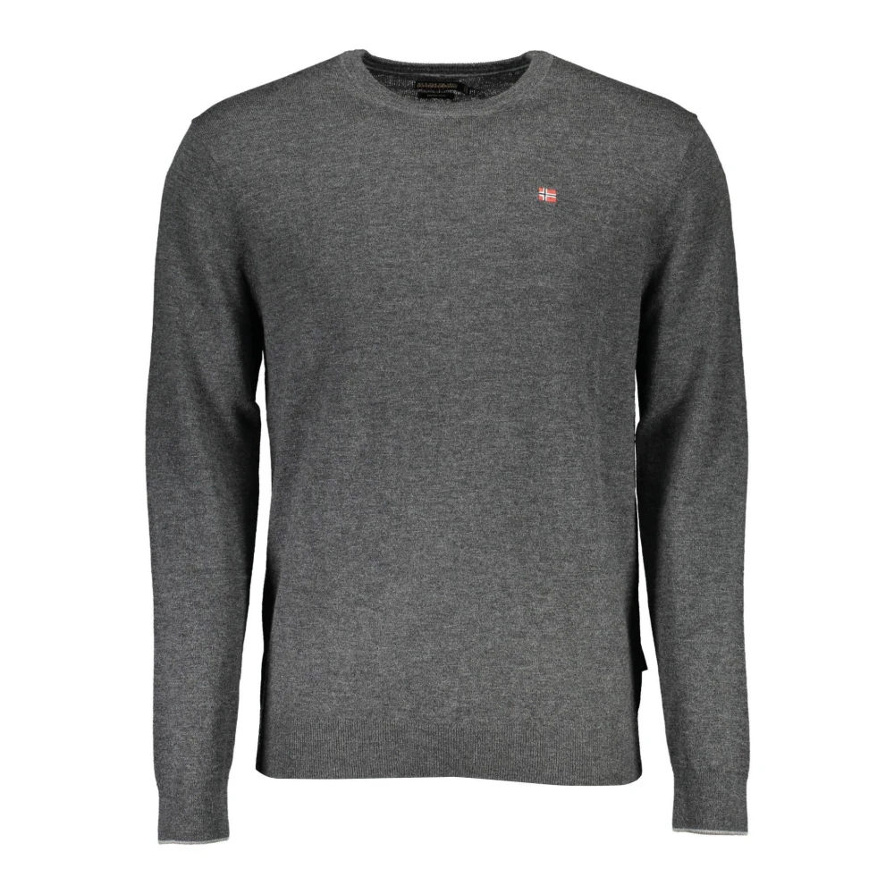 Napapijri Men's Gray Round-Neck Knitwear, 2XL, Embroidered Logo Wool Jumper