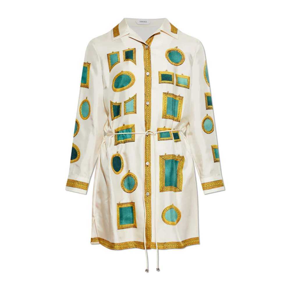 Versace Vrouw Beige Kleedjes Dames, S, Satijn, The Gallery Printed Silk Dress
