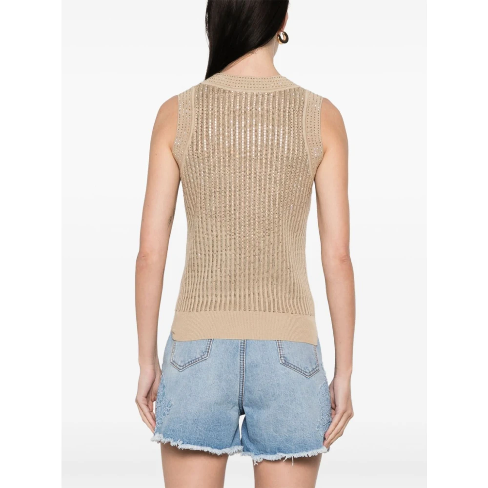 Ermanno Scervino Ivoor Geribbelde Mouwloze Top met Strass Beige Dames