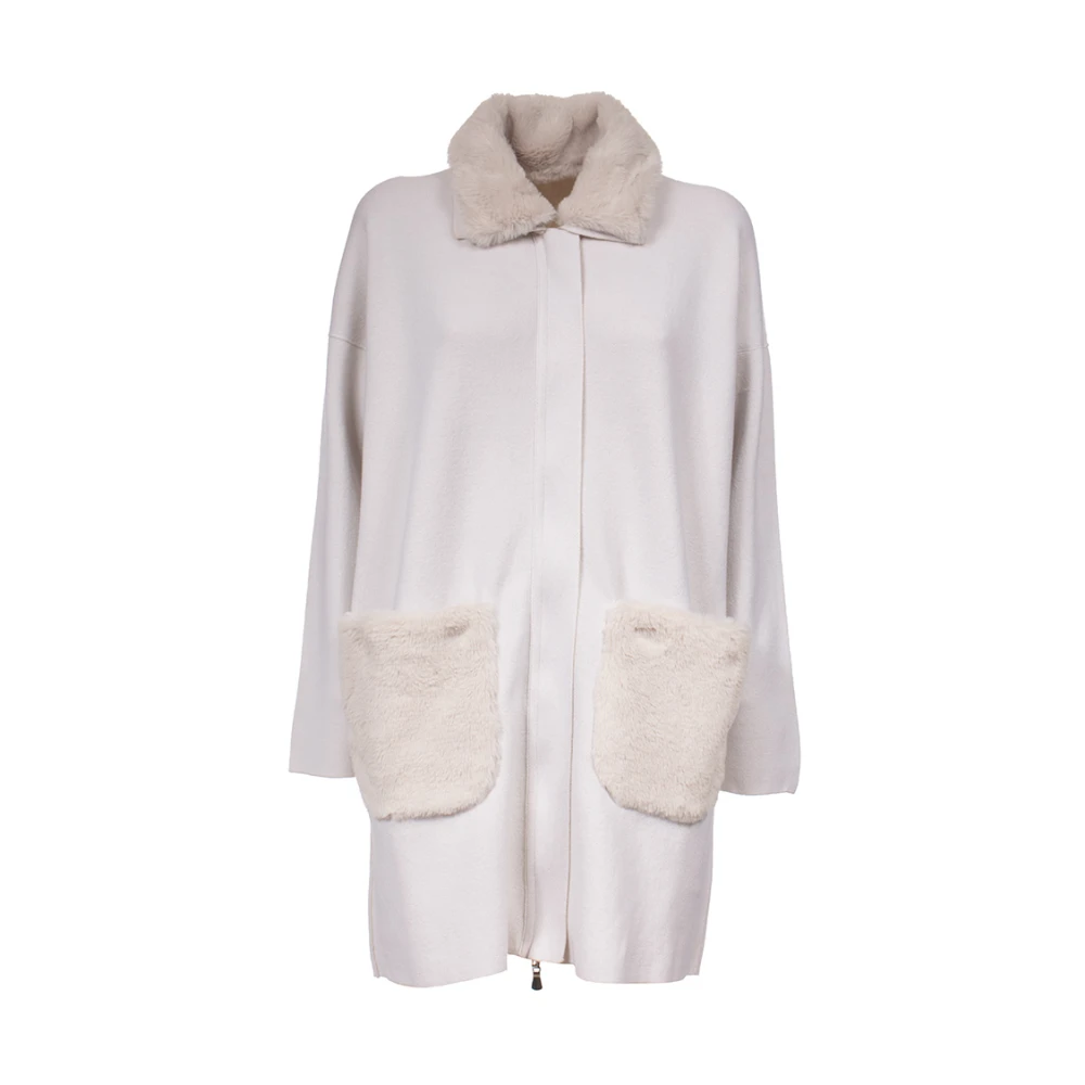 Le Tricot Perugia Omkeerbare gebreide jas met Ecofur kraag White Dames