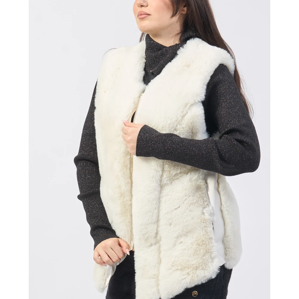 YES ZEE Mouwloze jas met imitatiebont White Dames