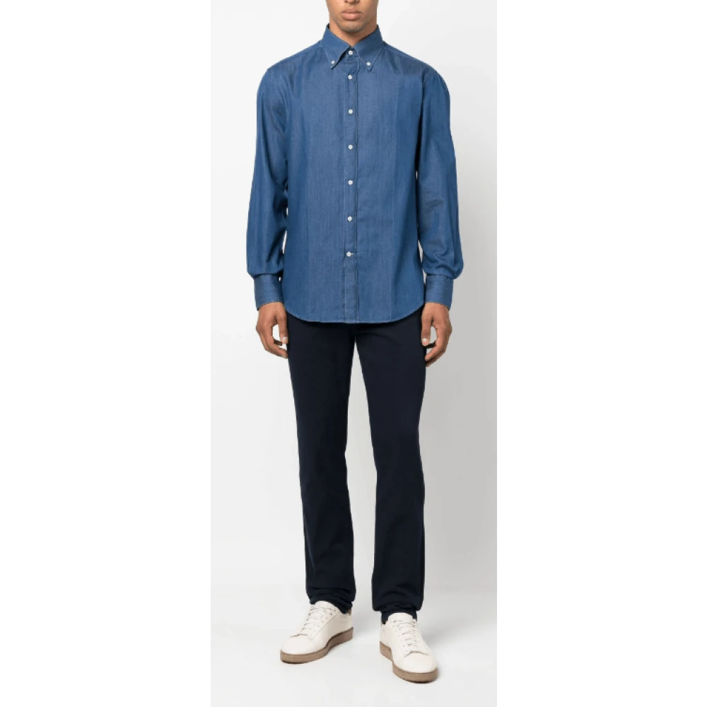 BRUNELLO CUCINELLI Blauwe Denim Katoenen Overhemd Klassieke Kraag Blue Heren