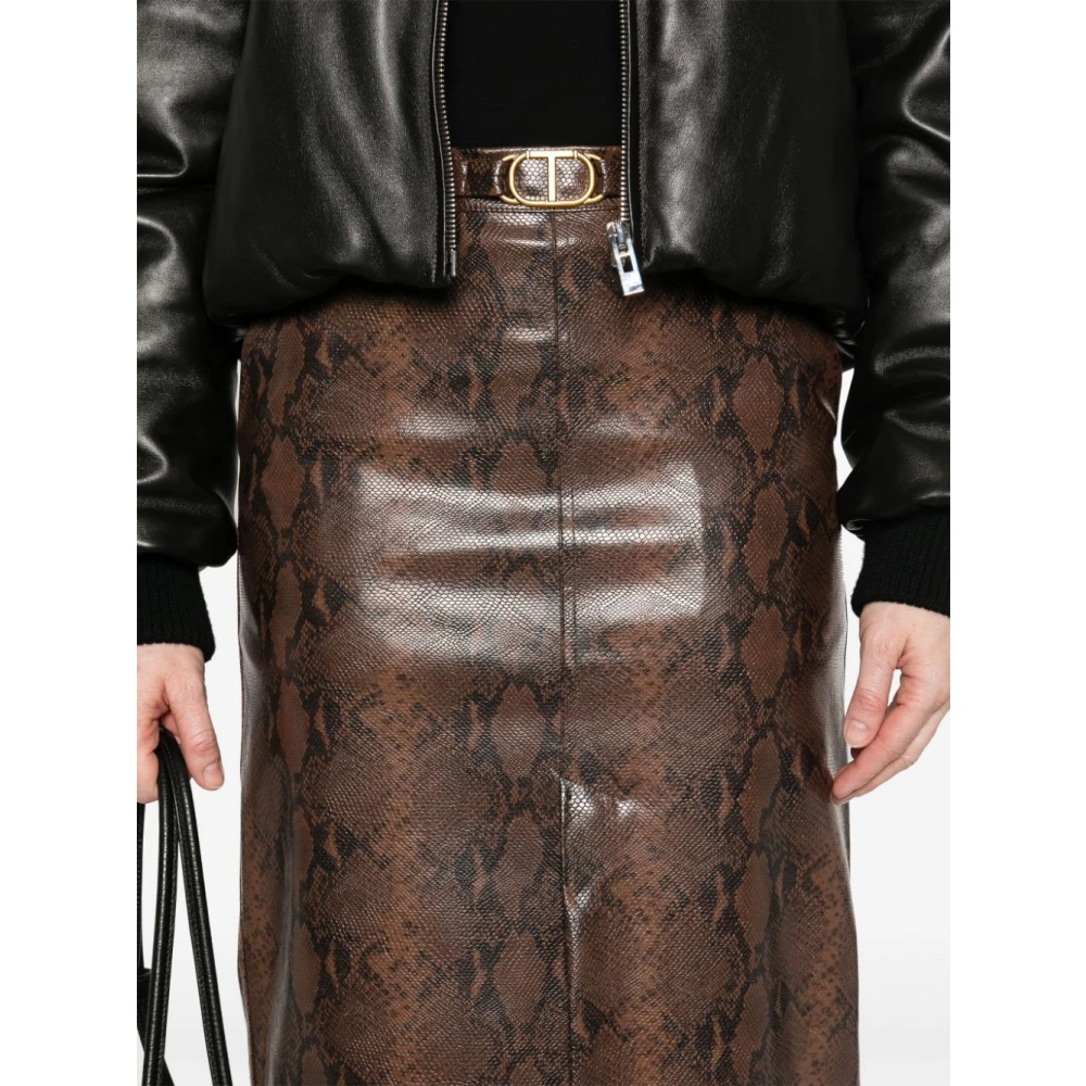 Twinset Bruine imitatieleren rok met gouden logoplaquette Brown Dames