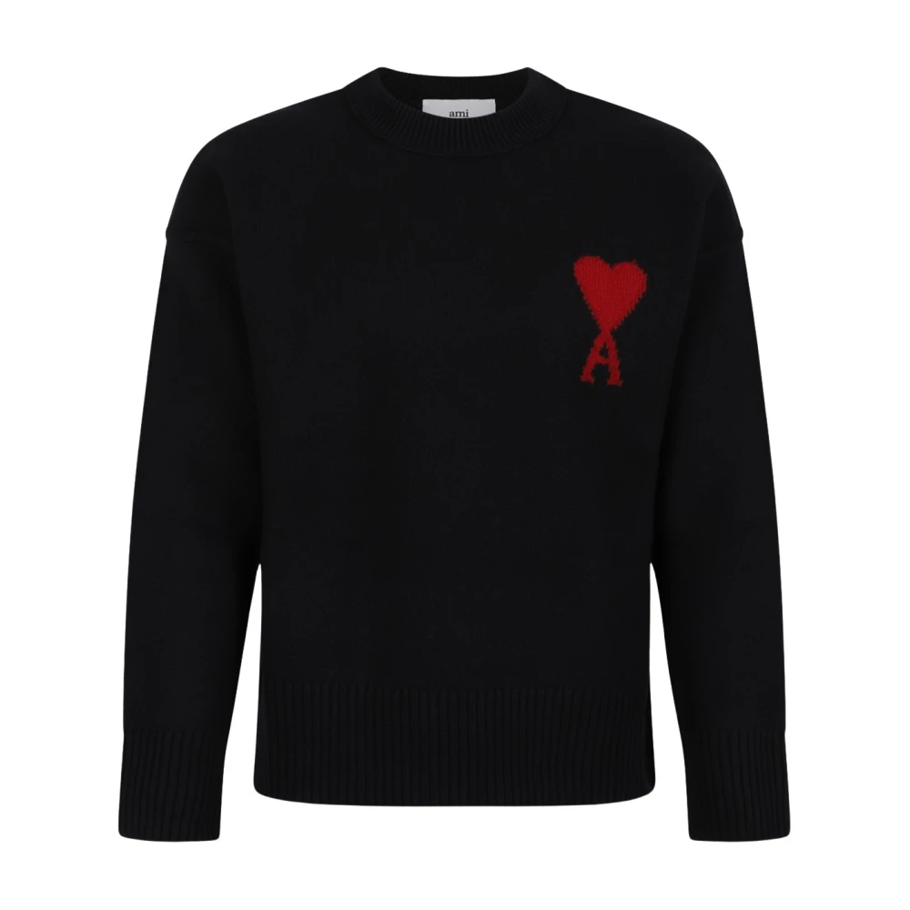 Ami Paris Unisex Zwart Hoodies & Sweatvesten 2XL, Wol, Ami De Coeur Oversized Gebreide Trui