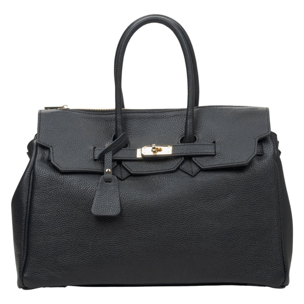 Estro Zwarte Leren Satchel Handtas Luxe Stijl Black Dames
