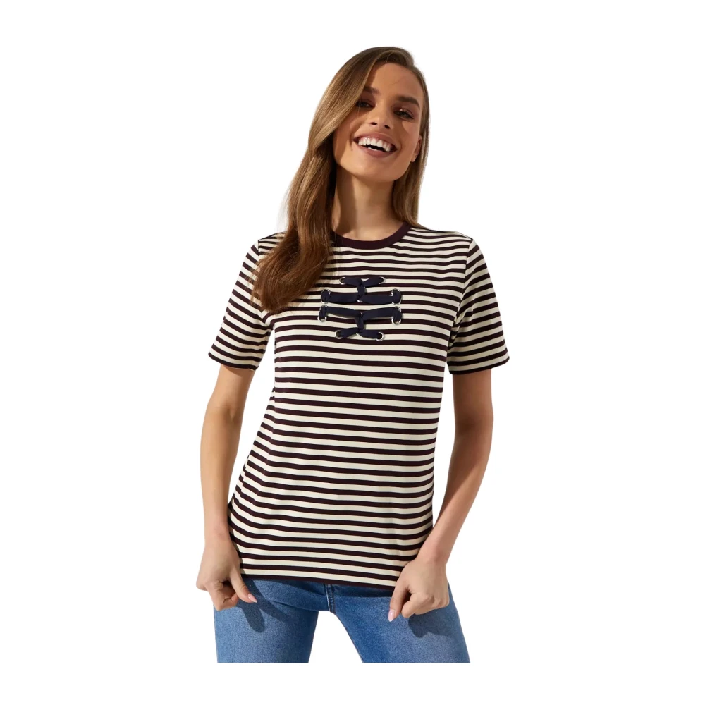 TORY BURCH Bruin Gestreept Logo T-shirt Brown Dames