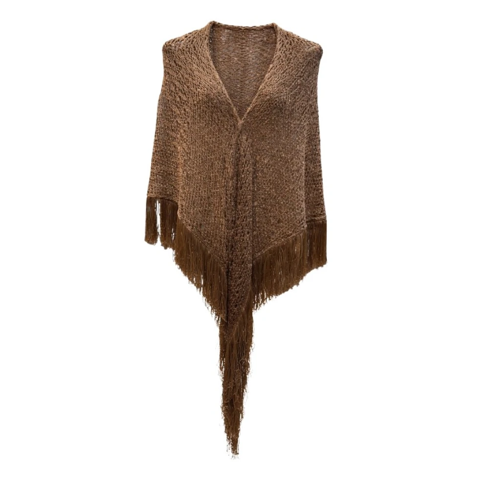 Simona Corsellini Brown Ponchos, Female, One Size, Scialle In Maglia Luxury Con Frange