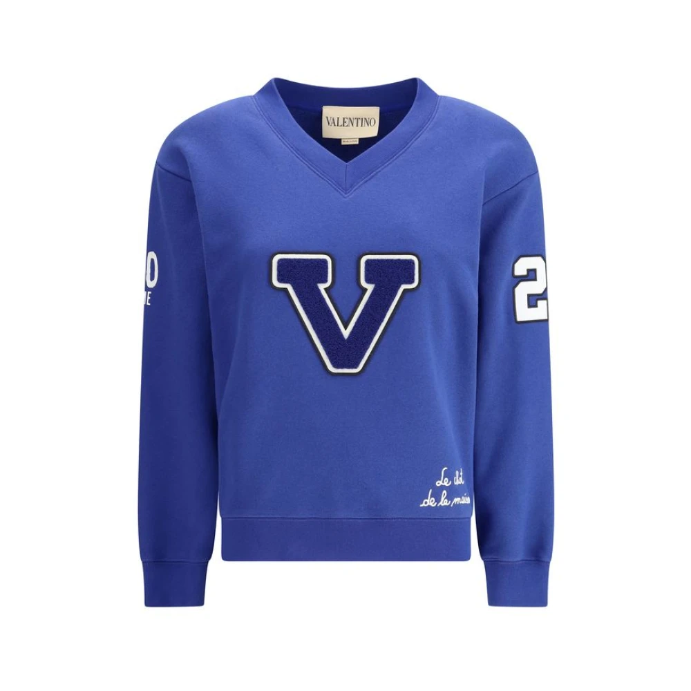 Valentino Women's Blue Sweatshirts, S, Cotton Sweatshirt With V-Neck