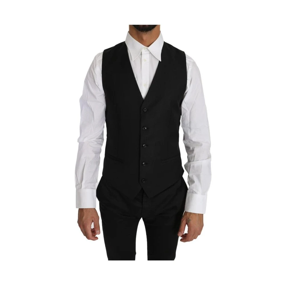 Dolce & Gabbana Zwarte Wol-Zijde Blend Formele Vest Black Heren