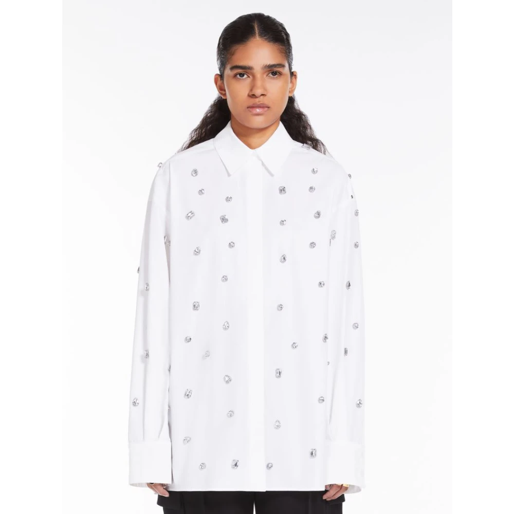 SPORTMAX Oversized Wit Katoenen Poplin Shirt met All Over Strass Applicatie White Dames