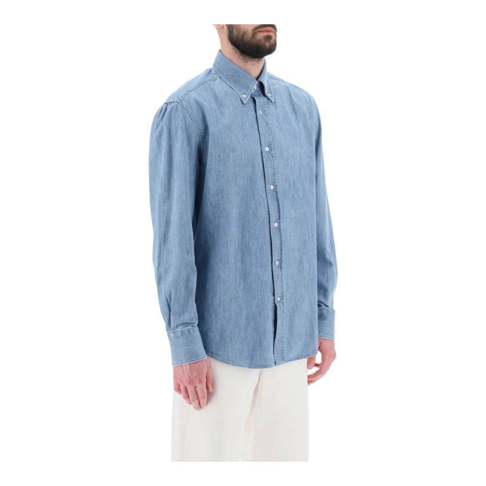 BRUNELLO CUCINELLI Denim Overhemd met Licht Wassen Blue Heren