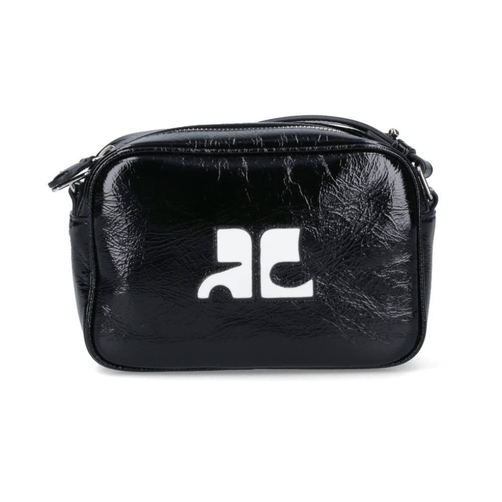 Courrèges Shoppers Reedition Camera Crossbody Leather Black in zwart