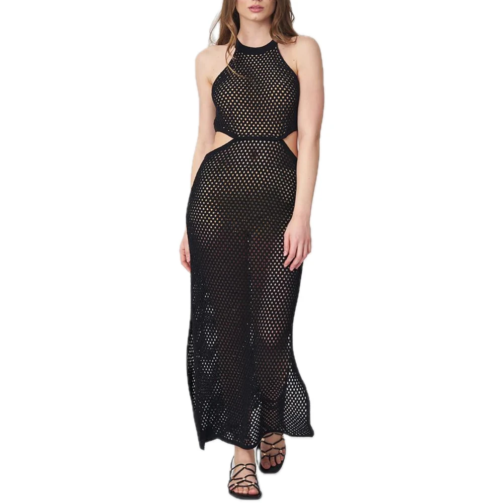 Twinset Katoenen en linnen lange jurk met cut-outs en zijsplitten Black Dames