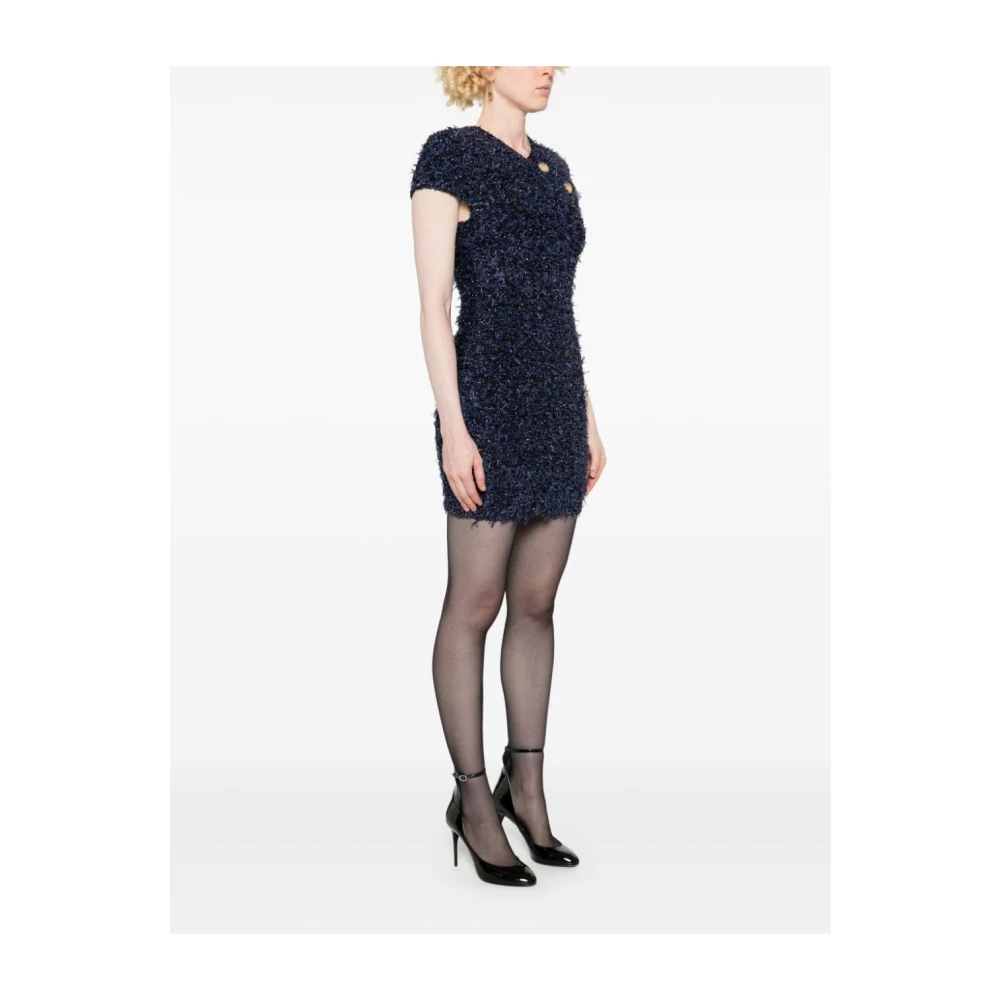 Balmain Blauwe Jurk Met Franje Metallic Draad Blue Dames