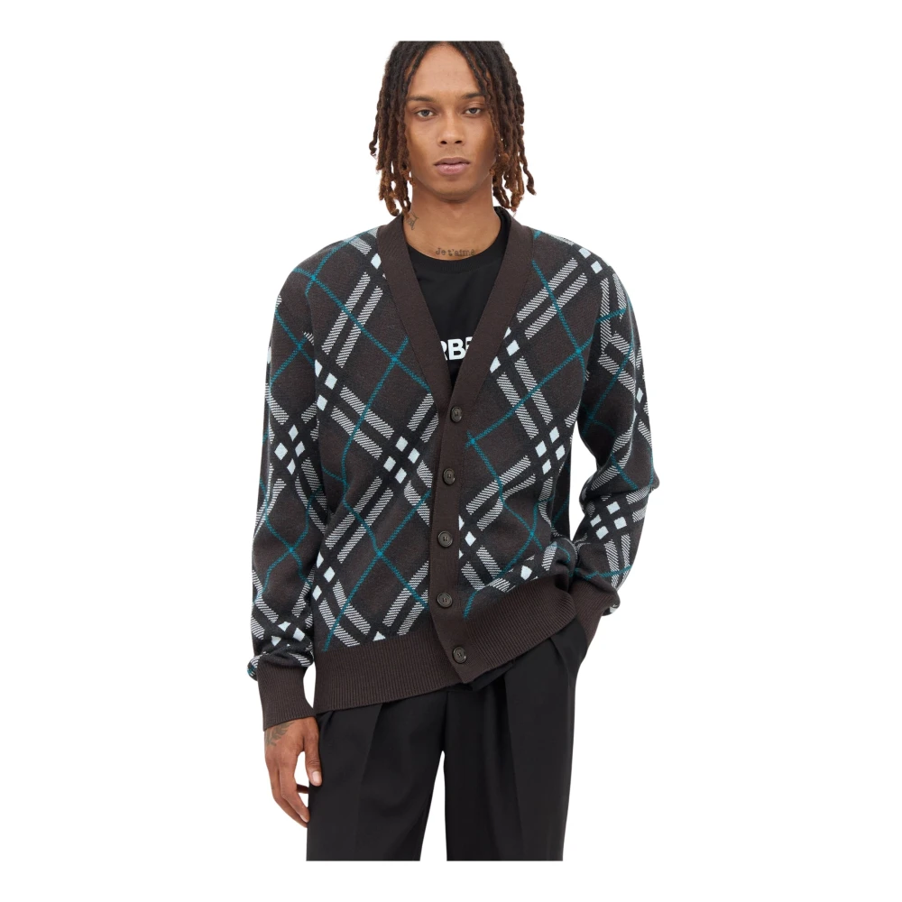 Burberry Men's Gray Check Wool Cardigan