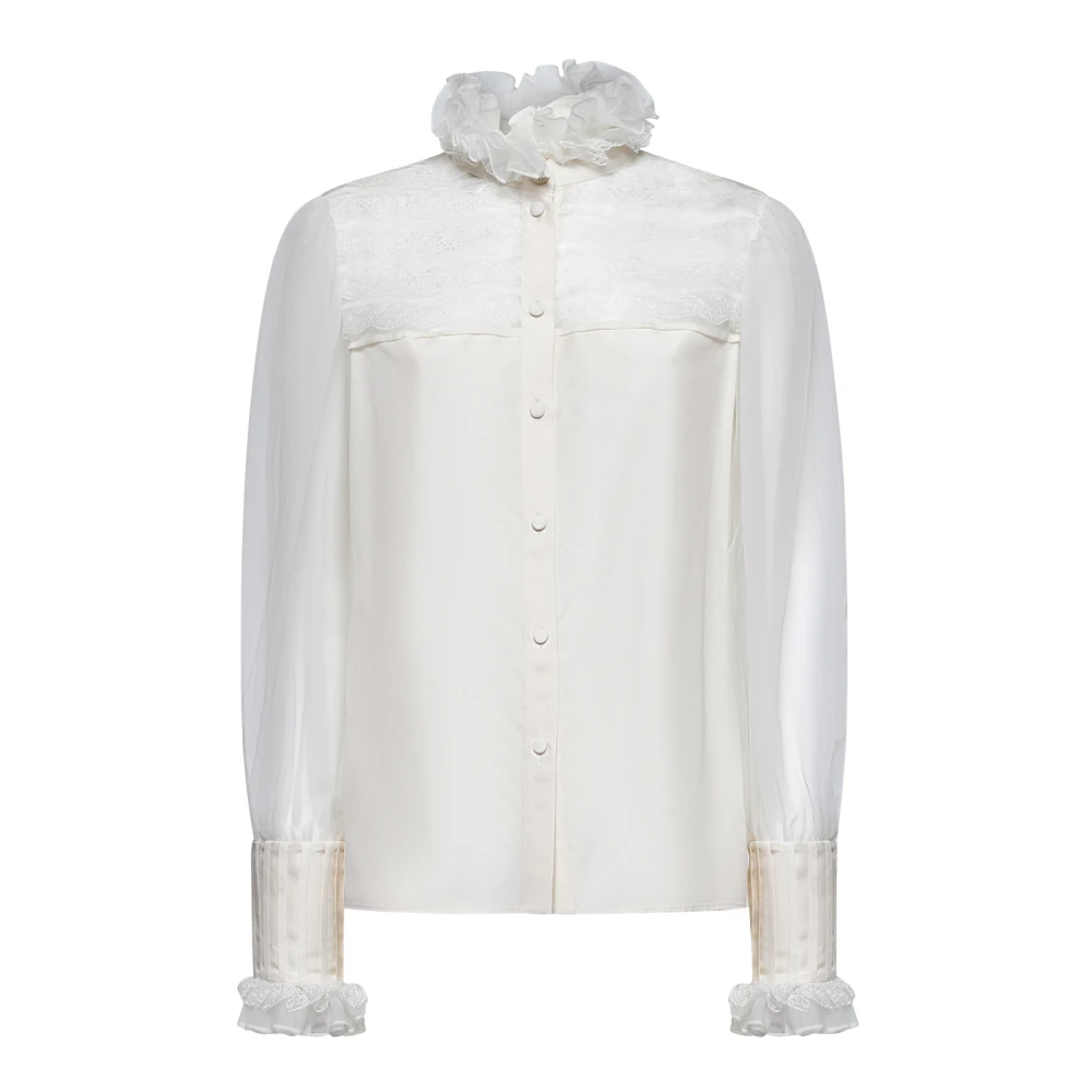 Valentino Organza Spets Volanger Puff Ärm Blus White, Dam