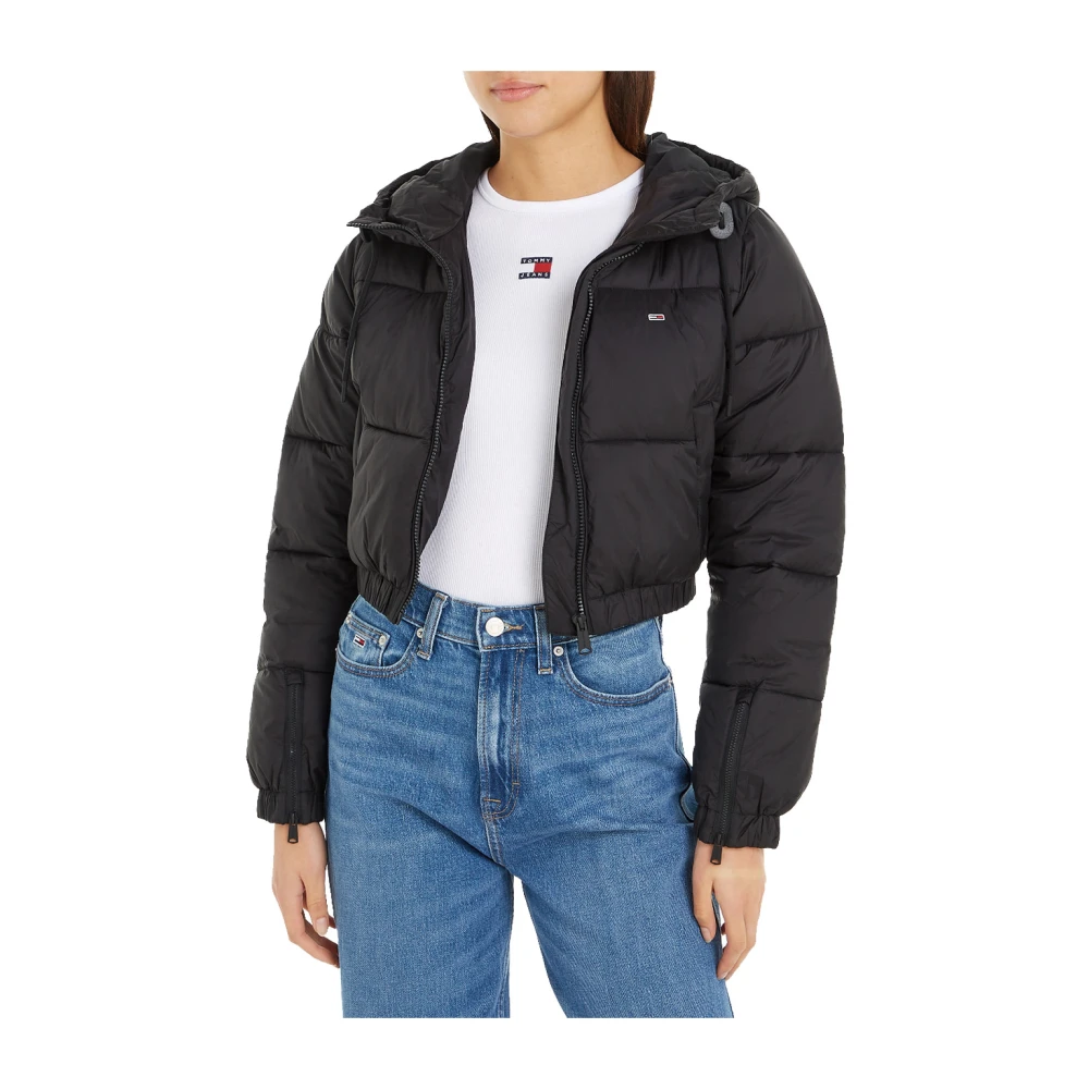 Tommy Jeans Zwarte Puffer Cropped Hooded Jas Black Dames
