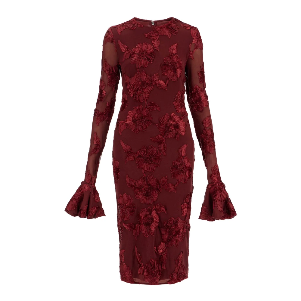 Rotate Birger Christensen Bloemen Mesh Midi Jurk met Borduurwerk Red Dames